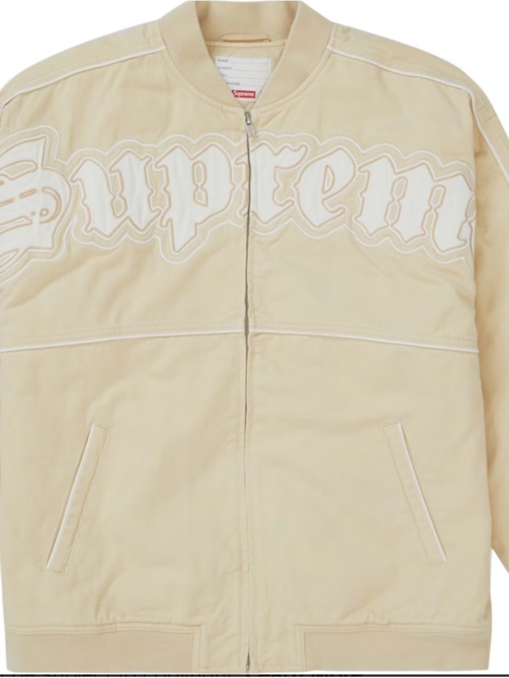 Supreme Cream Bomber Jacket with White Script Embroidery